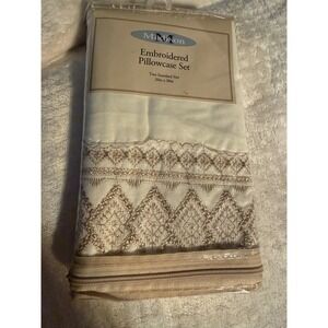 Madison Embroidered Pillowcase Set Two Standard Size 20x30 Cream Tan Geometric